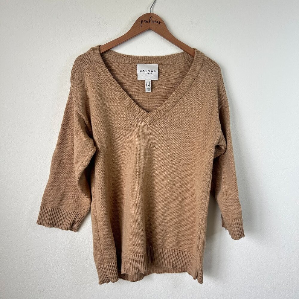 Canvas Lands End Sweater Womens Medium Tan Merino Wool Cashmere Pullover Top M
